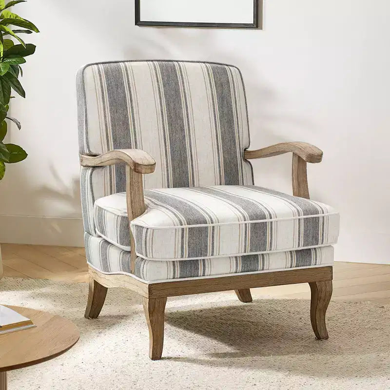 Poltrona Rinaldo a righe in stile rustico con braccioli in legno massiccio per soggiorno, salotto, camera da letto | ART OF LIVING DESIGNS