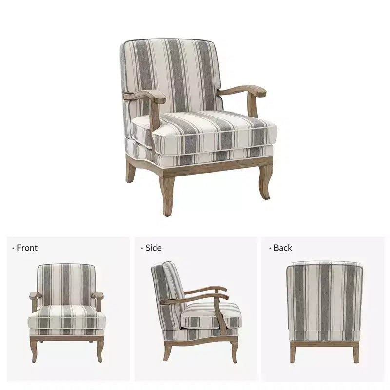 Poltrona Rinaldo a righe in stile rustico con braccioli in legno massiccio per soggiorno, salotto, camera da letto | ART OF LIVING DESIGNS