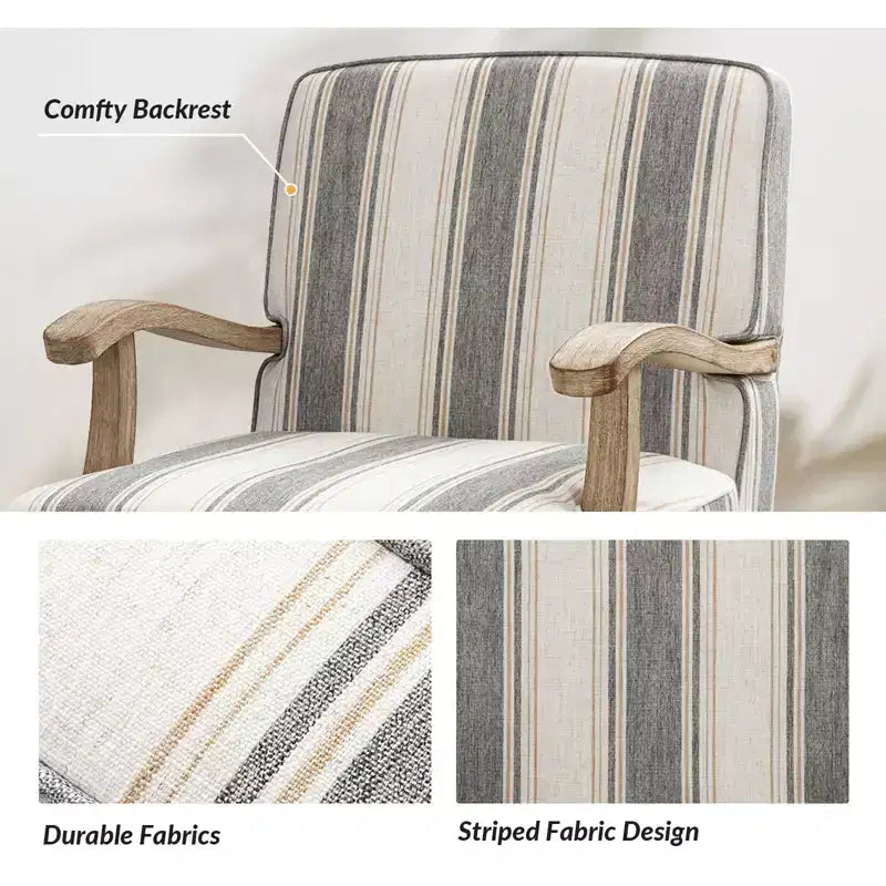 Poltrona Rinaldo a righe in stile rustico con braccioli in legno massiccio per soggiorno, salotto, camera da letto | ART OF LIVING DESIGNS