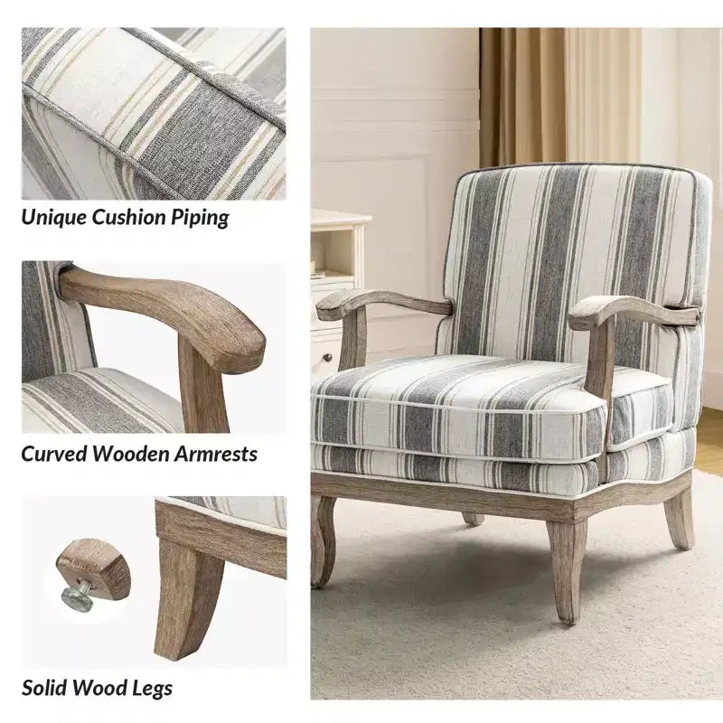 Poltrona Rinaldo a righe in stile rustico con braccioli in legno massiccio per soggiorno, salotto, camera da letto | ART OF LIVING DESIGNS