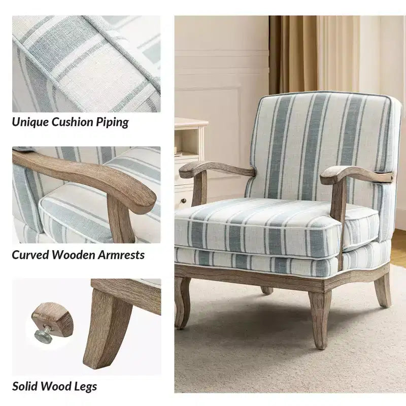Poltrona Rinaldo a righe in stile rustico con braccioli in legno massiccio per soggiorno, salotto, camera da letto | ART OF LIVING DESIGNS