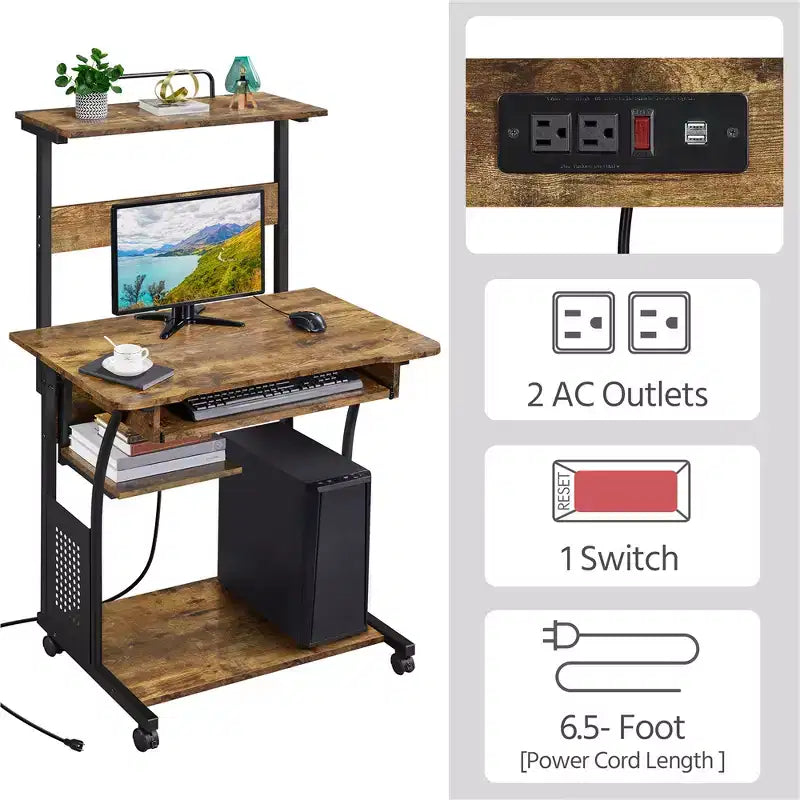 Yaheetech 3 Tiers Computer Desk with Charging Station for Home Office