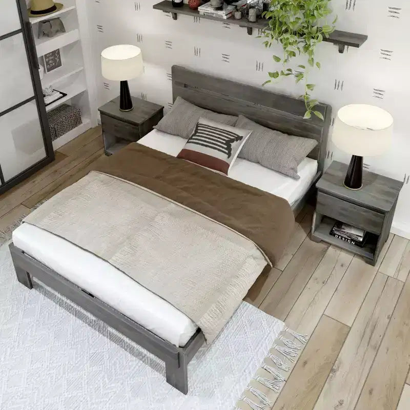 Plank+Beam Letto matrimoniale rustico con testiera a doghe, Letto a piattaforma in legno massello