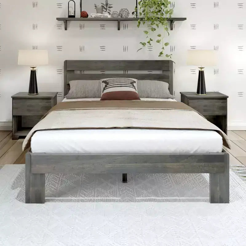 Plank+Beam Letto matrimoniale rustico con testiera a doghe, Letto a piattaforma in legno massello