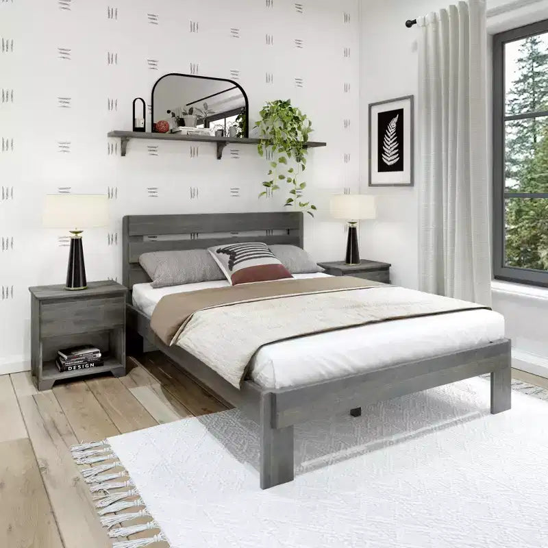 Plank+Beam Letto matrimoniale rustico con testiera a doghe, Letto a piattaforma in legno massello