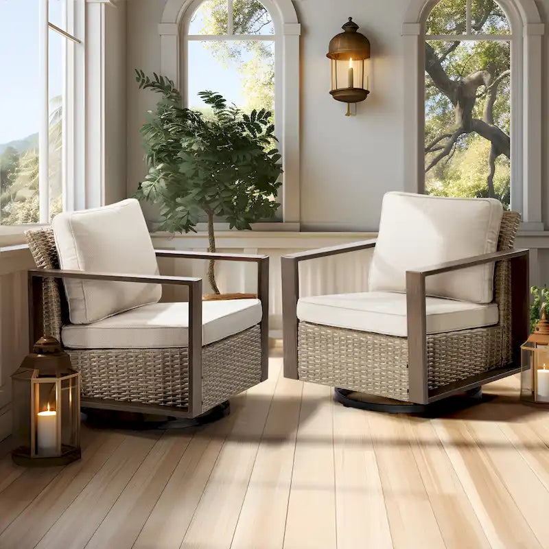 Cozywor 2-Piece Patio Wicker Outdoor Rocking Chair with Metal Frame and Cushions