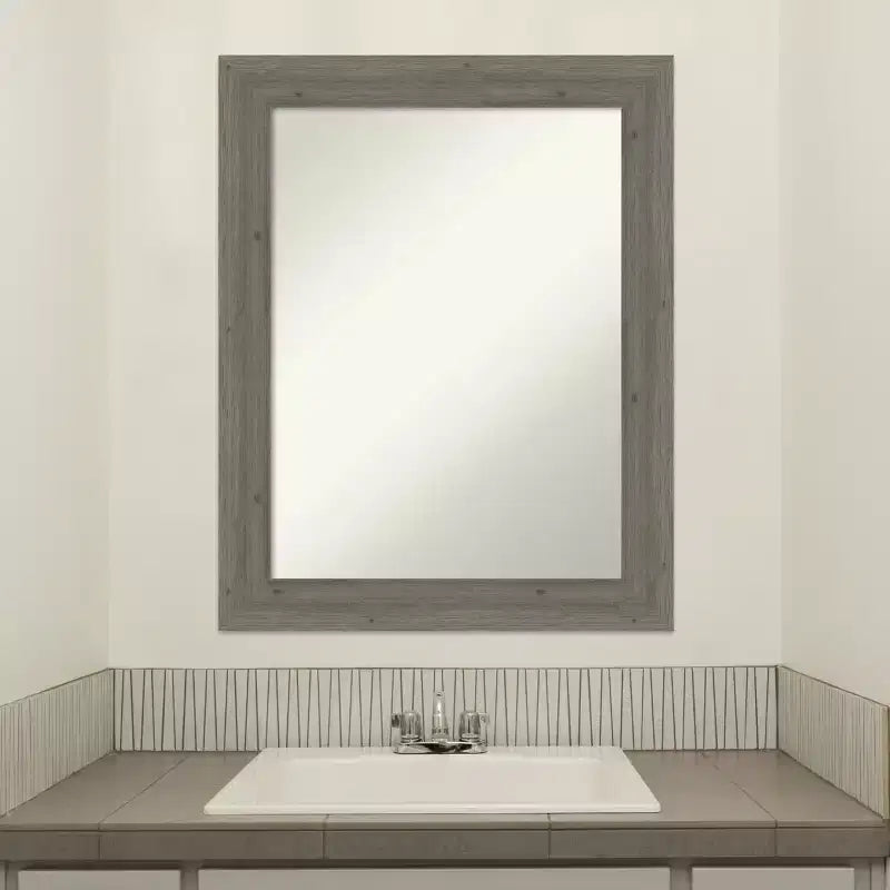 Amanti Art Fencepost Grey Narrow Non-Beveled Wood Bathroom Wall Mirror 28.5 x 22.5 in.