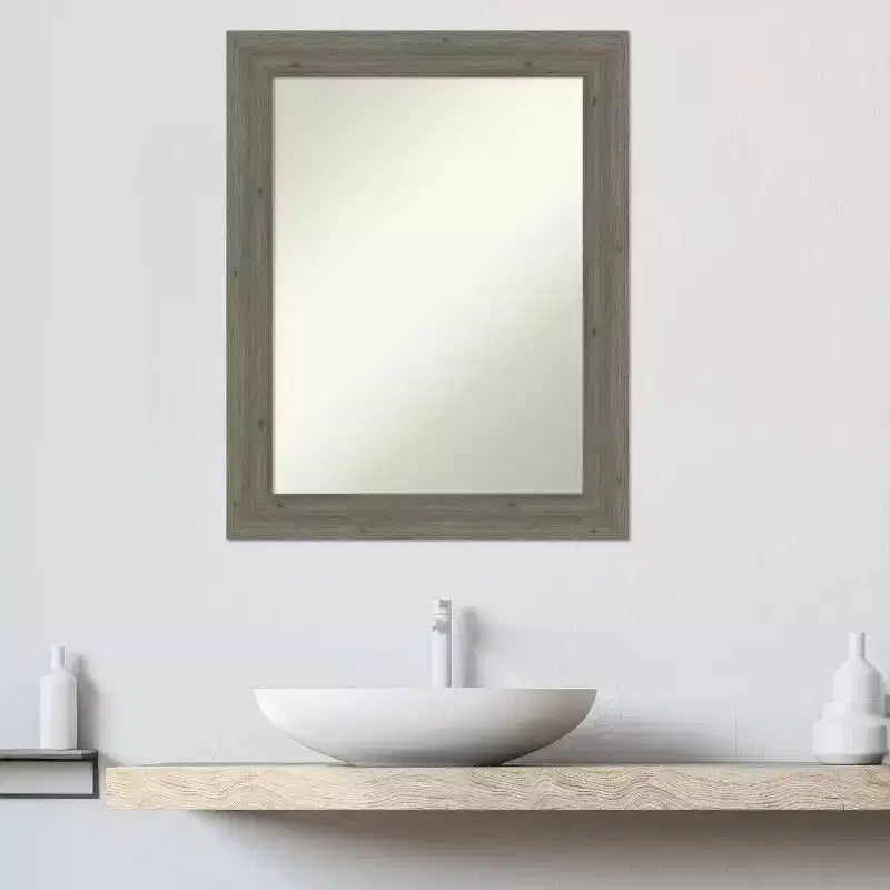 Amanti Art Fencepost Grey Narrow Non-Beveled Wood Bathroom Wall Mirror 28.5 x 22.5 in.