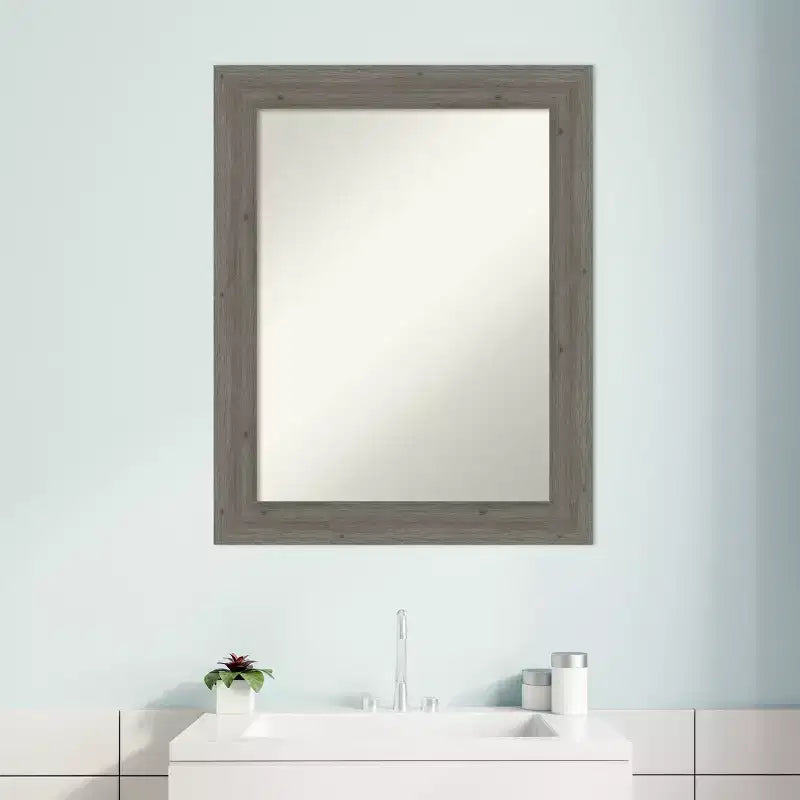 Amanti Art Fencepost Grey Narrow Non-Beveled Wood Bathroom Wall Mirror 28.5 x 22.5 in.