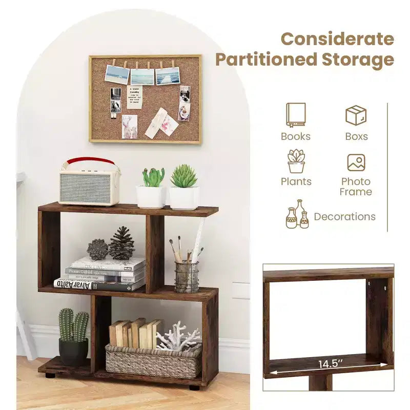 Costway 2 pz Scaffale Libreria a 2 Ripiani in Piedi Espositore in Legno a Forma di S Mobile Contenitore Nero/Marrone