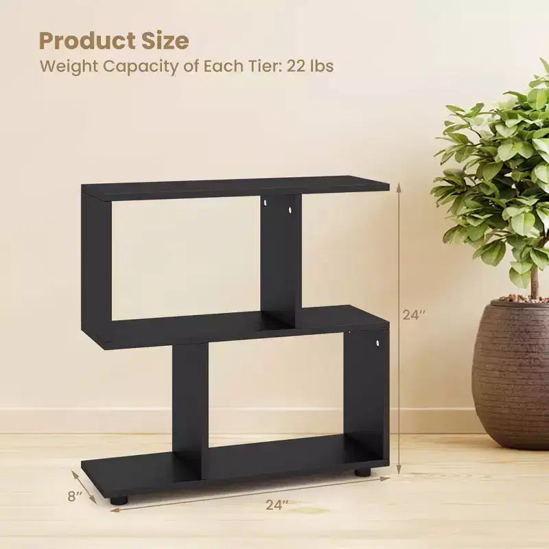 Costway 2 pz Scaffale Libreria a 2 Ripiani in Piedi Espositore in Legno a Forma di S Mobile Contenitore Nero/Marrone