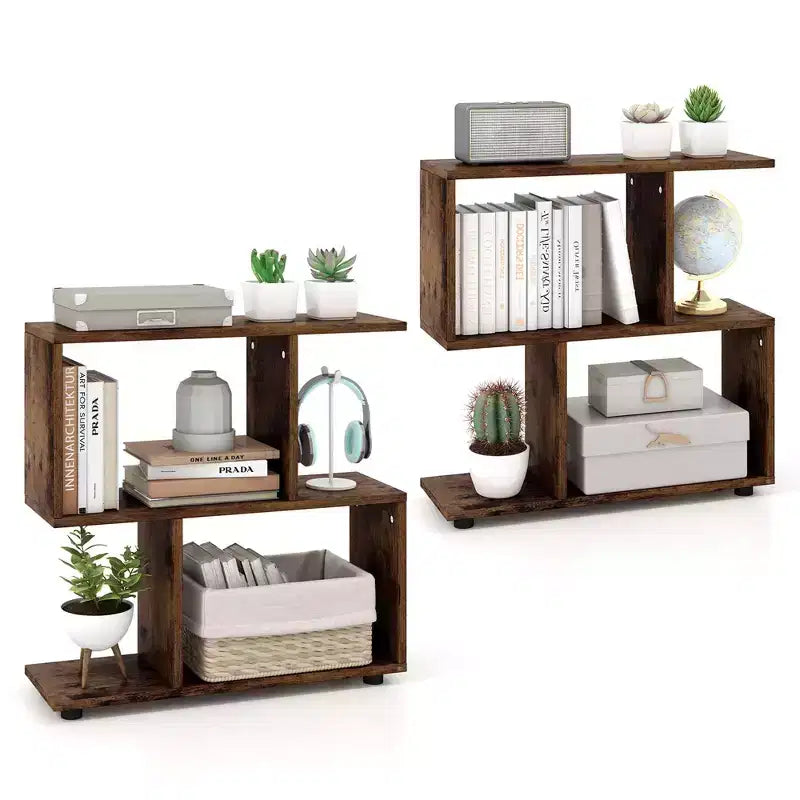 Costway 2 PCS 2-Tier Bookshelf Free Standing Wooden Display S-Shaped Shelf Storage Rack Black/Brown