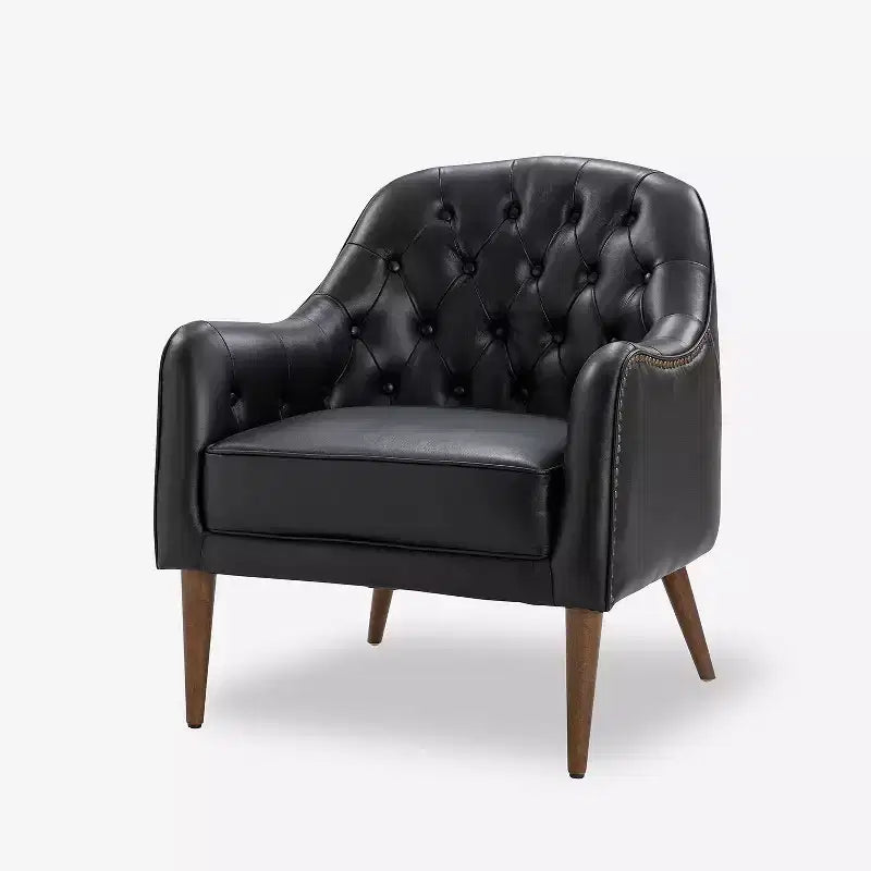 Justo 28.5 Wide Tufted Genuine Leather Wood Legs Accent Barrel Chair for Living Room with solid wood legs| ART OF LIVING DESIGNS