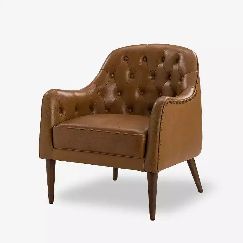 Justo 28.5 Wide Tufted Genuine Leather Wood Legs Accent Barrel Chair for Living Room with solid wood legs| ART OF LIVING DESIGNS