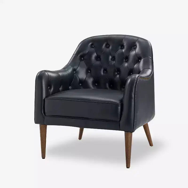 Justo 28.5 Wide Tufted Genuine Leather Wood Legs Accent Barrel Chair for Living Room with solid wood legs| ART OF LIVING DESIGNS