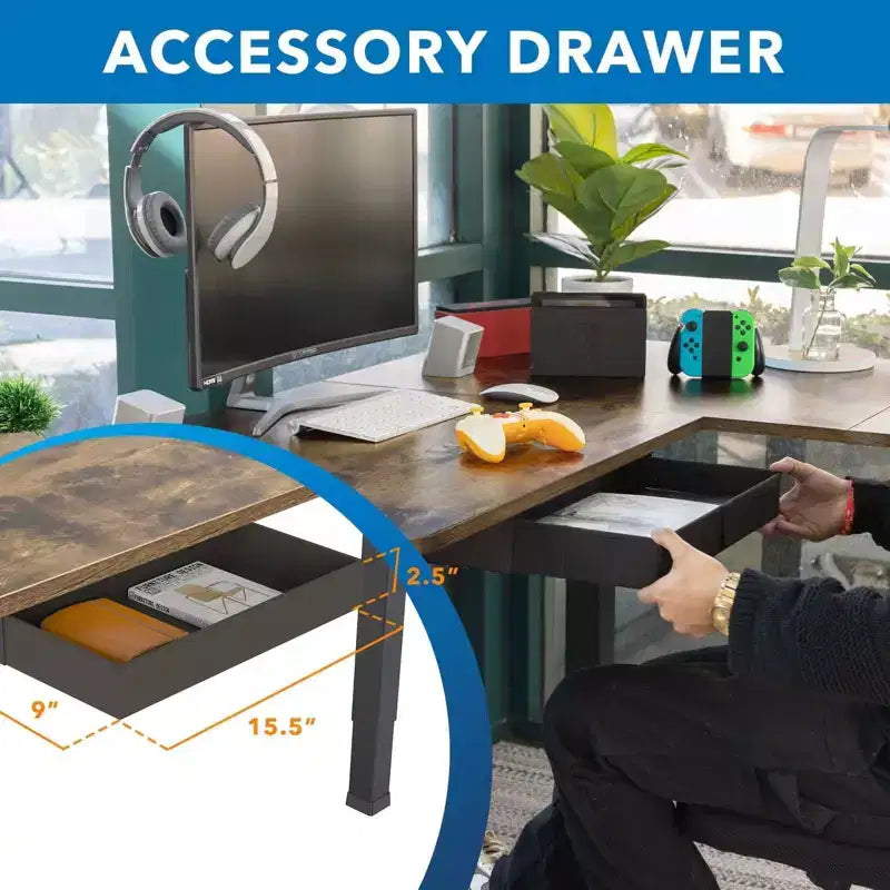 Mount-It! Grande scrivania elettrica angolare regolabile in altezza, scrivania automatica con regolazione fluida ed ergonomica dell'altezza da 28,3 a 46,5, marrone