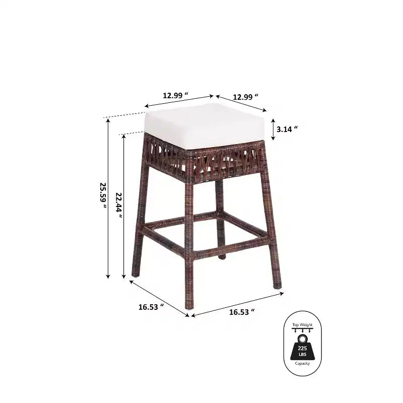 Sgabello da bar senza schienale JONATHAN Y Bali Bohemian Basics in rattan, cuscino bianco con struttura in vimini marrone scuro
