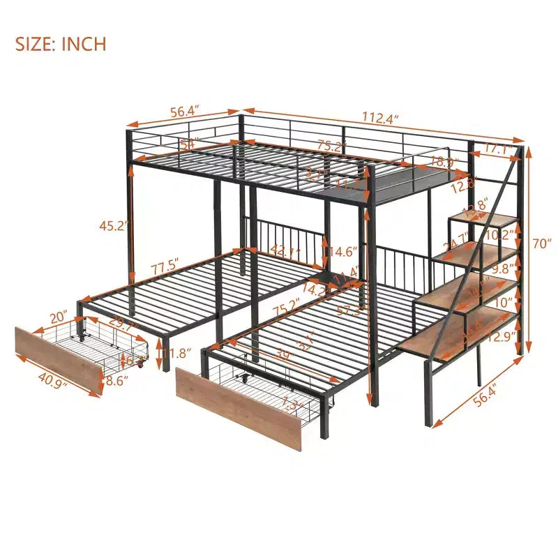 Full over Twin-Twin Triple Bunk Bed with Drawers and Staircase - ModernLuxe