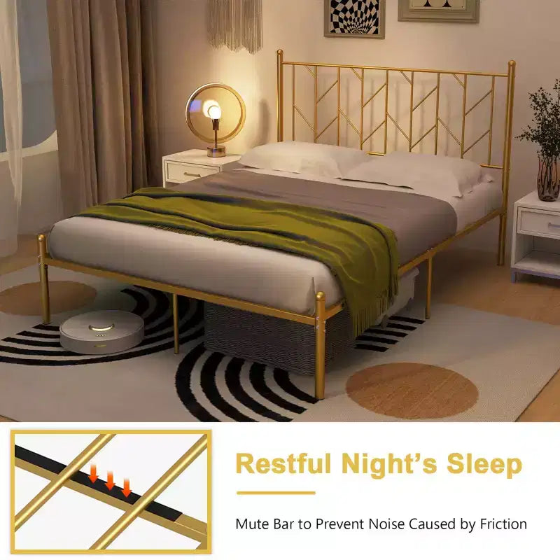 Costway Full/Queen/Twin Size Metal Platform Bed Frame Vintage Headboard Mattress Foundation Gold