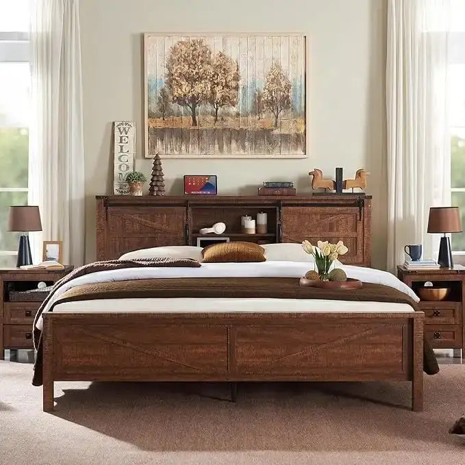 Struttura Letto Matrimoniale Queen Size Stile Rustico con Ripiani Contenitori e Stazione di Ricarica