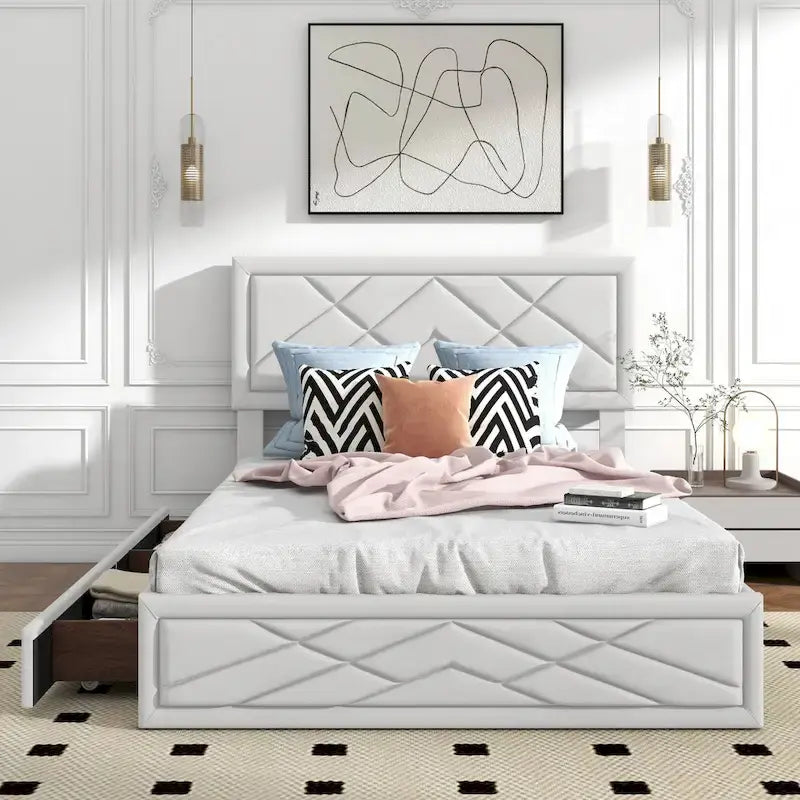 Letto matrimoniale Queen size con piattaforma, testiera e contenitore