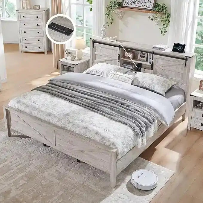 Struttura Letto Matrimoniale Queen Size Stile Rustico con Ripiani Contenitori e Stazione di Ricarica