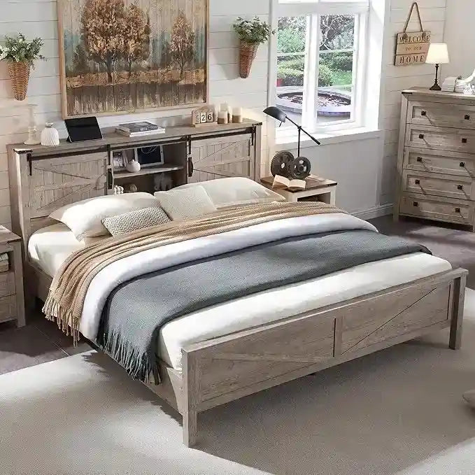 Struttura Letto Matrimoniale Queen Size Stile Rustico con Ripiani Contenitori e Stazione di Ricarica