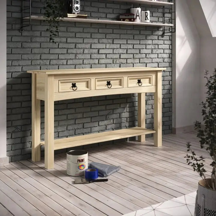 Tavolo Consolle Rustico in Pino Massiccio per Ingresso, Bianco Decapato / Marrone Antico / Grigio Decapato / Non Verniciato, 3 Cassetti