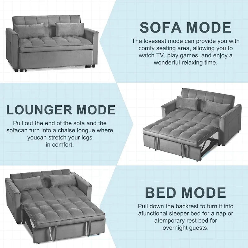 Modern Velvet Loveseat Futon Sofa Couch Pullout Bed, Small Love Seat Lounge Sofa w/Reclining Backrest, Toss Pillows, Pockets