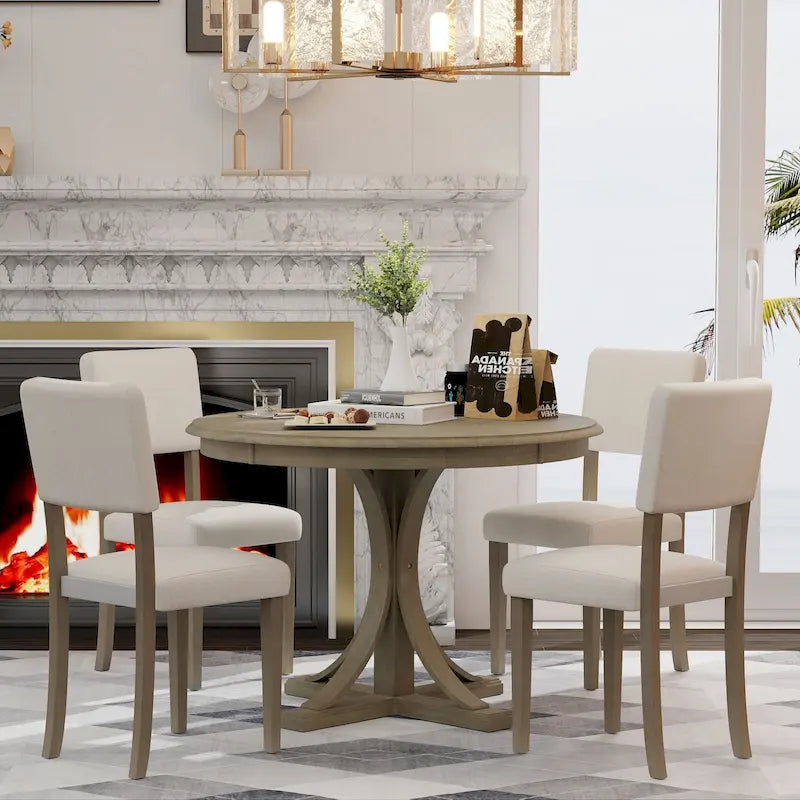 Taupe Retro 5-Piece Wooden Dining Table Set with Curved Trestle Table & 4 Chairs