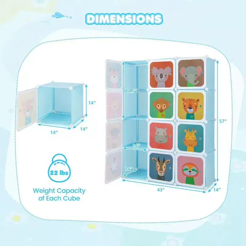 Costway 12-Cube Kids Wardrobe Baby Dresser Bedroom Armoire Clothes Hanging Closet with Door Blue/Pink