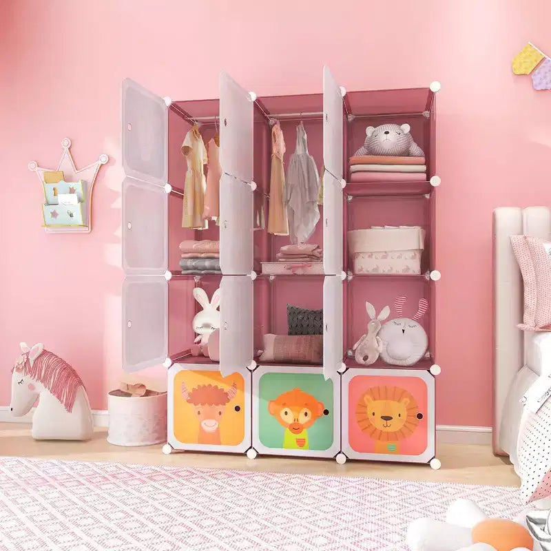 Costway 12-Cube Kids Wardrobe Baby Dresser Bedroom Armoire Clothes Hanging Closet with Door Blue/Pink