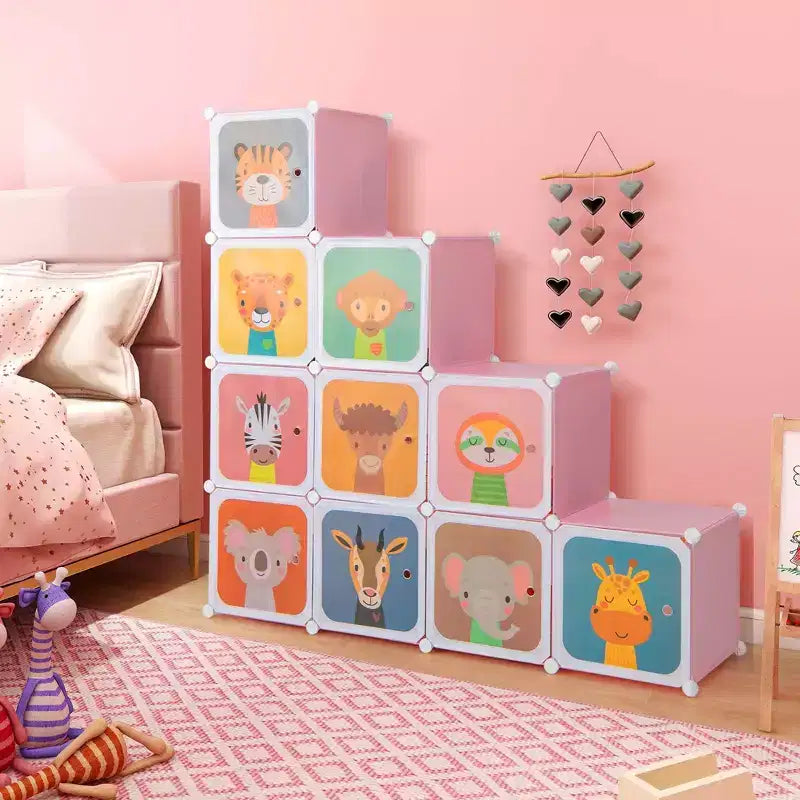 Costway 12-Cube Kids Wardrobe Baby Dresser Bedroom Armoire Clothes Hanging Closet with Door Blue/Pink