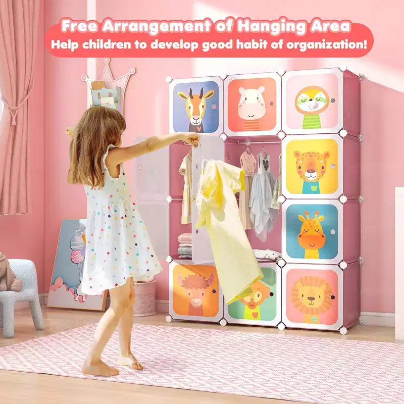 Costway 12-Cube Kids Wardrobe Baby Dresser Bedroom Armoire Clothes Hanging Closet with Door Blue/Pink