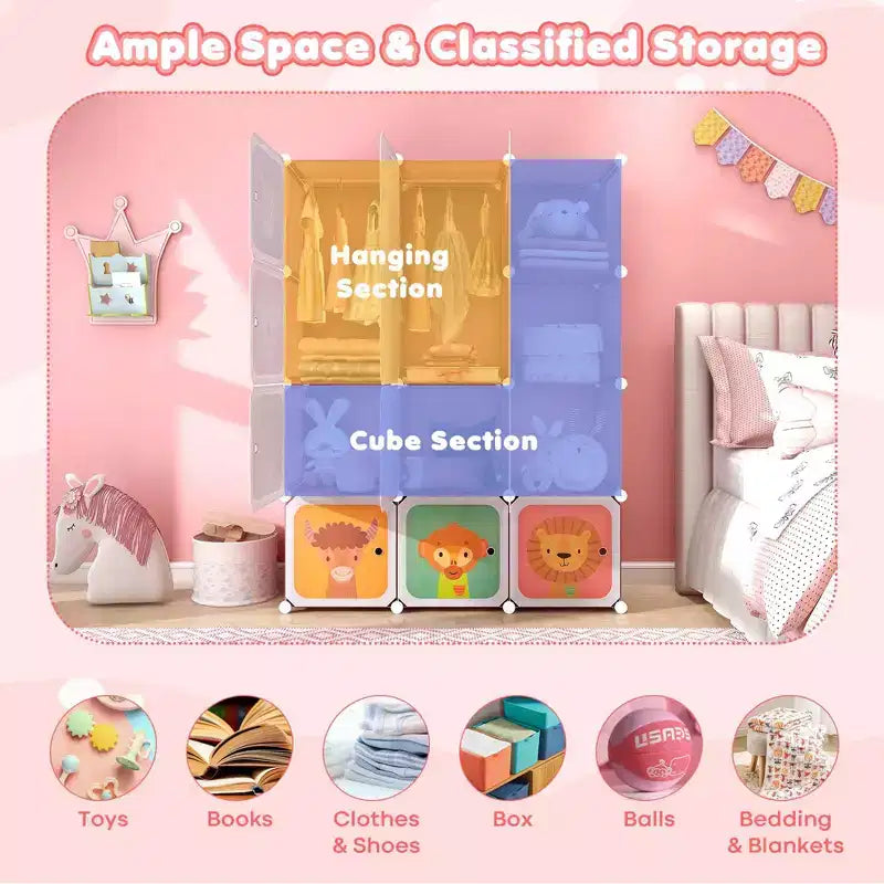 Costway 12-Cube Kids Wardrobe Baby Dresser Bedroom Armoire Clothes Hanging Closet with Door Blue/Pink
