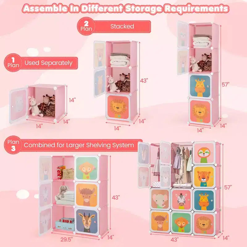 Costway 12-Cube Kids Wardrobe Baby Dresser Bedroom Armoire Clothes Hanging Closet with Door Blue/Pink