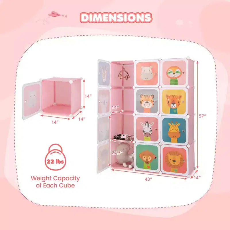 Costway 12-Cube Kids Wardrobe Baby Dresser Bedroom Armoire Clothes Hanging Closet with Door Blue/Pink
