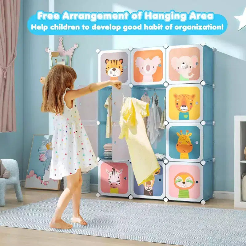 Costway 12-Cube Kids Wardrobe Baby Dresser Bedroom Armoire Clothes Hanging Closet with Door Blue/Pink