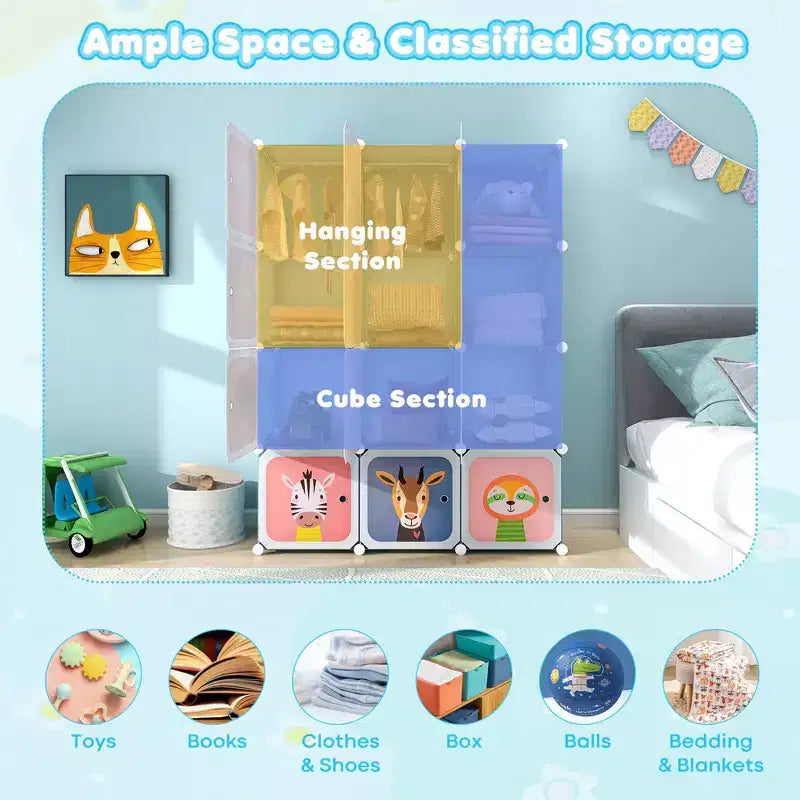 Costway 12-Cube Kids Wardrobe Baby Dresser Bedroom Armoire Clothes Hanging Closet with Door Blue/Pink