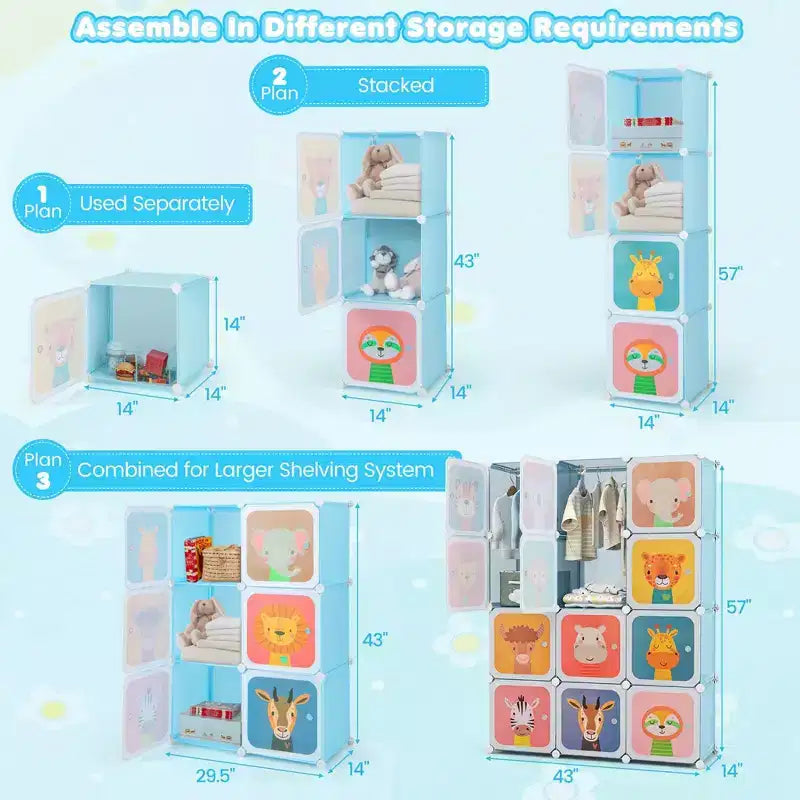 Costway 12-Cube Kids Wardrobe Baby Dresser Bedroom Armoire Clothes Hanging Closet with Door Blue/Pink