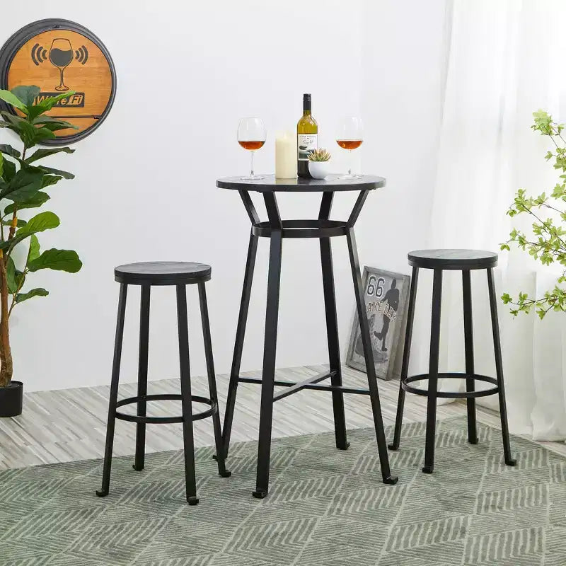 Set of 2 Steel Bar Stools with Round Elm Wood Top - Glitzhome