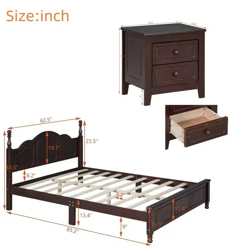 3 PCS Bedroom Sets, Queen/Full Size Wood Platform Bed with Two Nightstands-ModernLuxe