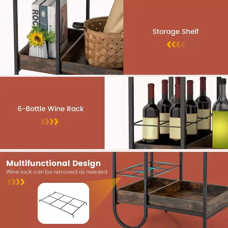 Costway Industrial Bar Cart Rolling Buffet Serving Cart with Removable Metal Wire Rack