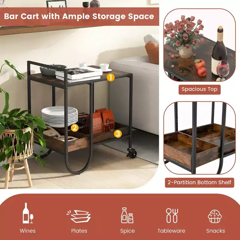Costway Industrial Bar Cart Rolling Buffet Serving Cart with Removable Metal Wire Rack