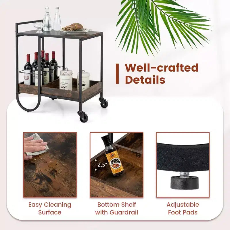 Costway Industrial Bar Cart Rolling Buffet Serving Cart with Removable Metal Wire Rack