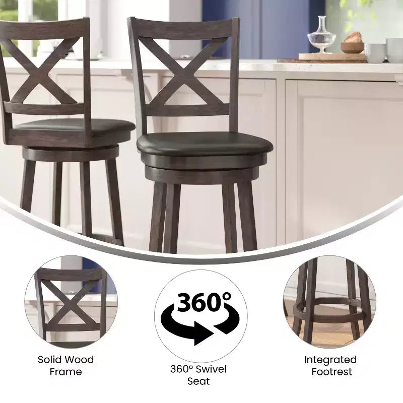 Flash Furniture Felicity Commercial Grade Wood Classic Crossback Swivel Bar Height Barstool with Padded, Upholstered Seat