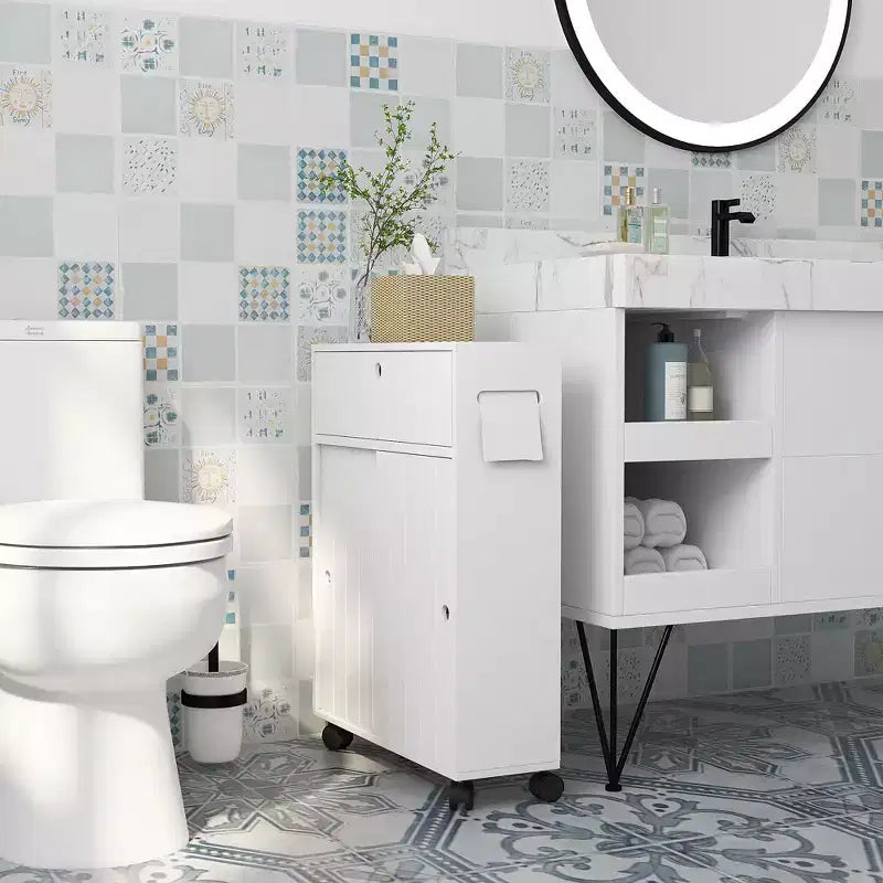 kleankin Mobiletto Piccolo da Bagno su Ruote, Slim Porta Carta Igienica con 2 Fori, Ante Scorrevoli e Ripiano Regolabile, Bianco