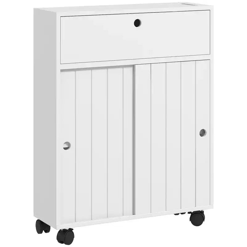 kleankin Mobiletto Piccolo da Bagno su Ruote, Slim Porta Carta Igienica con 2 Fori, Ante Scorrevoli e Ripiano Regolabile, Bianco