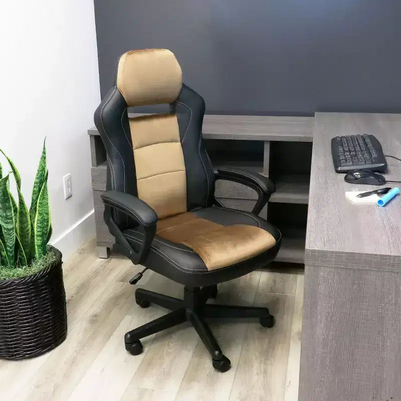 Elama High Back Adjustable Faux Leather Office Chair in Black and Brown