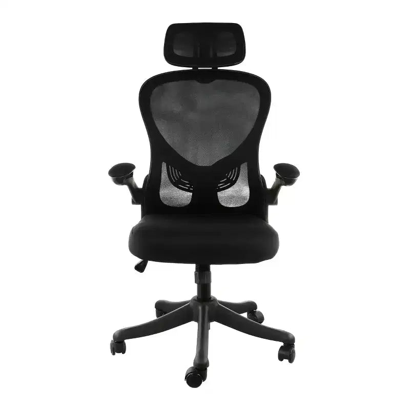 Sedia da ufficio Elama con schienale alto, regolabile, in rete e tessuto, colore nero e grigio, con poggiatesta regolabile